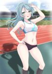  1girl a5hio absurdres armpits bang_dream! bang_dream!_girls_band_party! bare_shoulders black_buruma black_socks blue_sky blue_sports_bra breasts buruma cloud cloudy_sky commentary_request commission green_eyes green_hair hand_on_own_hip highres hikawa_sayo looking_at_viewer medium_breasts navel pixiv_commission ponytail running_track shadow sky socks solo sports_bikini sports_bra 