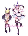  2girls :d animal_ear_hairband animal_ears apron artist_name black_dress black_shoes black_thighhighs blonde_hair blush breasts brown_eyes brown_hair bunny_day cleavage commentary detached_collar detached_sleeves double_bun dress enmaided fake_animal_ears floating_hair frilled_thigh_strap frills full_body hair_bun hair_over_one_eye hairband highres holding_own_skirt kaba_yuuji kakunaru_ue_wa large_breasts leaning_forward long_hair looking_at_viewer maid maid_apron maid_headdress mary_janes miyamoto_niina multiple_girls neck_ribbon open_mouth petticoat puffy_detached_sleeves puffy_sleeves rabbit_ear_hairband rabbit_ears ribbon shioiri_ren shoes short_hair simple_background small_breasts smile standing standing_on_one_leg teeth thigh_strap thighhighs twitter_username upper_teeth_only v waist_apron white_apron white_background white_ribbon white_sleeves 