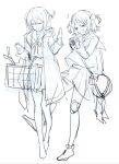  2girls :o bag basket bow clenched_hand closed_eyes coat full_body greyscale hands_up holding holding_bag holding_basket ichikawa_haru knee_pads long_hair long_sleeves miniskirt monochrome multiple_girls open_hand open_mouth original pleated_skirt ribbon sailor_collar shirt shoes short_hair shoulder_bag simple_background sketch skirt spring_onion tears two_side_up walking white_background 