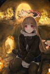  1girl bad_id bad_twitter_id between_legs black_boots blonde_hair blue_archive blush boots closed_mouth commentary flippy_(cripine111) fur-trimmed_sleeves fur_trim halo hand_between_own_legs long_hair long_sleeves nodoka_(blue_archive) red_eyes sitting smile solo thigh_boots wariza 