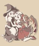 2girls apron black_dress blonde_hair braid commentary_request crystal_wings dress flandre_scarlet hair_ribbon hat kirisame_marisa mob_cap multiple_girls myaaco red_dress red_eyes red_shoes ribbon shoes side_ponytail touhou vampire wings yuri 