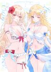  2girls absurdres alice_(genshin_impact) alternate_costume bare_shoulders bikini blonde_hair blue_eyes blue_sarong breasts collarbone commentary_request finger_to_mouth floral_print floral_print_bikini genshin_impact hair_ornament highres large_breasts long_hair looking_at_viewer multiple_girls navel nicole_(genshin_impact) parted_lips pointy_ears print_bikini red_eyes sarong smile swimsuit tsuyuri_eri white_bikini 
