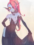  1girl absurdres artist_name black_dress black_gloves black_thighhighs breasts collarbone colored_sclera dress elbow_gloves eyepatch fins gloves head_fins highres long_hair noah_(tettsui-sole) pink_hair plunging_neckline ponytail solo thighhighs undertale undyne utdr_(toby_fox) white_background yellow_sclera 