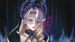  1girl aia_amare aia_amare_(necromancer) aqua_eyes black_bonnet blonde_hair bonnet commentary drill_hair earrings eyeshadow forninisani frilled_bonnet frills glasses gothic_lolita hair_between_eyes highres jewelry lolita_fashion looking_at_viewer makeup mole mole_under_eye necklace nijisanji nijisanji_en pearl_necklace portrait red_lips solo symbol-shaped_pupils virtual_youtuber x-shaped_pupils 
