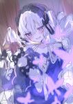  1girl 8zrlf :d absurdres bare_shoulders black_ribbon blue_dress blue_hairband bow bug butterfly collarbone commentary_request dress dress_bow frilled_dress frilled_hairband frilled_sleeves frills gothic_lolita hair_over_one_eye hair_ribbon hairband highres holding holding_knife knife lolita_fashion lolita_hairband long_hair long_sleeves looking_at_viewer mahou_shoujo_no_majo_saiban marionette natsume_an-an off-shoulder_dress off_shoulder open_mouth polka_dot polka_dot_bow puppet puppet_strings purple_butterfly purple_eyes ribbon see-through_hair sketch sleeve_bow smile solo spoilers upper_body white_hair wide_sleeves 