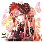  1girl black_bonnet black_ribbon bonnet braid bug butterfly character_request check_copyright copyright_request cropped_torso earrings green_eyes hair_bun hair_ribbon hand_up highres jewelry lace_trim original parted_lips pink_hair red_nails ribbon smile solo twintails watermark white_background ytaoh 