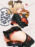  1girl ass black_panties black_skirt black_thighhighs blonde_hair blush burger burnice_white closed_eyes cropped_jacket eating english_text eyewear_on_head food food_on_thigh heart highres holding holding_burger holding_food long_sleeves medium_hair microskirt midriff myotaron panties shorts shorts_under_skirt skirt solo thighhighs underwear zenless_zone_zero 