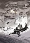  1boy armor blurry blurry_edges boots breastplate chibi cloak commentary_request fantasy full_body glowing glowing_eye highres holding holding_sword holding_weapon jun_(navigavi) looking_back male_focus monochrome monster motion_lines original pants parted_lips scabbard sheath short_hair shoulder_armor sketch slit_pupils solo spot_color standing sword vambraces weapon 
