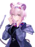  1girl absurdres adjusting_eyewear animal_ears arknights commentary crescent eugle_na glasses hair_between_eyes hair_ornament hairband hairclip highres jacket lin_(arknights) lin_(knowledge_and_magic)_(arknights) long_hair long_sleeves looking_at_viewer official_alternate_costume parted_lips pink_eyes pink_hair prehensile_tail purple_hairband red_pupils revision rimless_eyewear round_eyewear simple_background solo tail upper_body white_background 