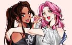  2girls alien_stage black_shirt blue_eyes blue_hair bra_strap candy commentary foka1178682 food highres holding holding_candy holding_food holding_lollipop hyuna_(alien_stage) lollipop long_hair mizi_(alien_stage) multicolored_hair multiple_girls pink_hair pink_nails ponytail shirt single_off_shoulder thick_eyebrows two-tone_hair white_shirt yellow_eyes 