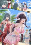  !? 4girls absurdres alt_text bad_id bad_twitter_id beach bikini bikini_skirt black_hair blindfold blue_sky blush breasts chisa_(peach_parfait)_(wuthering_waves) chisa_(wuthering_waves) closed_mouth commentary_request day dress earrings female_rover_(wuthering_waves) food fruit giving_wedgie grey_hair hair_ribbon halter_dress halterneck hand_on_own_hip hat highres holding jewelry korean_commentary large_breasts long_hair low_twintails lynae_(peppermint)_(wuthering_waves) lynae_(wuthering_waves) multiple_girls navel ocean official_alternate_costume open_mouth outdoors phrolova_(wuthering_waves) pink_bikini pink_ribbon plaid_bikini plaid_clothes red_dress ribbon rover_(wuthering_waves) shore skirt sky soul_(smfa2555) stomach suikawari swimsuit tacet_mark_(wuthering_waves) twintails watermelon wedgie white_hat wuthering_waves 
