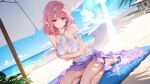  1girl 54cr ai-generated bare_shoulders beach bird blue_sky blush breasts chinese_commentary cloud cloudy_sky commentary day hair_intakes highres large_breasts looking_at_viewer medium_hair ocean one-piece_swimsuit outdoors parasol pink_eyes pink_hair purple_sarong remielle_dan sand sarong seagull seiza sitting sky solo swimsuit thighs umbrella white_one-piece_swimsuit white_wings wings zenless_zone_zero 