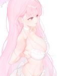  1girl angel_wings armpits arms_behind_back bikini blue_archive breasts choker cleavage closed_mouth collarbone commentary expressionless feathered_wings frilled_bikini frills from_above from_side gradient_halo groin halo highres jaeb_(kkrt0302) large_breasts light_blush long_hair low_wings mika_(blue_archive) mika_(swimsuit)_(blue_archive) multicolored_halo navel official_alternate_costume official_alternate_hairstyle pink_hair pink_halo simple_background solo stomach swimsuit untranslatable_commentary upper_body white_background white_bikini white_choker white_wings wing_ornament wings yellow_eyes 