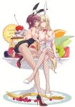  2girls :3 animal_ears asahina_yuni black_leotard blonde_hair breasts bunny_day cherry commentary cookie earrings fake_animal_ears fake_tail fishnet_pantyhose fishnets food fruit high_heels highres iwami_kiyoko jewelry kiwi_(fruit) kyou_wa_kanojo_ga_inai_kara large_breasts leotard long_hair medium_hair melon mole mole_on_breast multiple_girls nail_polish orange_(fruit) oversized_food oversized_fork oversized_object pantyhose pudding purple_eyes purple_hair rabbit_ears rabbit_tail raspberry red_nails sidelocks strawberry tail taki_fuuko untranslatable_commentary white_leotard white_wrist_cuffs wrist_cuffs yellow_eyes 