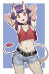  1girl :o armpits belt black_belt black_hair blue_background blunt_bangs choker collarbone cowboy_shot crop_top demon_girl demon_horns demon_tail denim denim_shorts english_commentary fishnet_sleeves fishnets heart heart_choker highres horns navel navel_piercing nico-mo orange_eyes original piercing pointy_ears red_shirt shiny_skin shirt short_hair shorts solo standing stomach tail white_background 