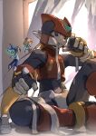  1boy 2girls armor bandages black_eyes blonde_hair commentary_request cyber-elf_(mega_man) forehead_jewel helmet highres long_hair mega_man_(series) mega_man_zero_(series) multiple_girls omochi_(mochi_skymega) red_armor red_helmet sitting zero(z)_(mega_man) zero_(mega_man) 
