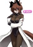  1girl agnes_tachyon_(umamusume) ahoge animal_ear_hairband animal_ears arrow_(symbol) black_eyeshadow black_leotard bodystocking breasts brown_hair bunny_day commentary covered_navel detached_collar english_commentary eyeshadow fake_animal_ears gloves hair_between_eyes hairband hand_on_own_elbow highleg highleg_leotard highres horse_ears horse_girl horse_tail huge_ahoge lab_coat leotard long_sleeves looking_at_viewer makeup medium_breasts medium_hair mood_(umamusume) nagai_negi necktie nontraditional_playboy_bunny open_mouth playboy_bunny rabbit_ear_hairband rabbit_ears red_eyes short_hair short_necktie smile solo strapless strapless_leotard tail umamusume white_background white_trim wolf_cut 
