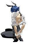  123jiye007711 1boy absurdres animal_ear_hairband animal_ears bare_back black_pants black_ribbon blue_hair commentary corset facing_away fake_animal_ears full_body fur_wrist_cuffs hairband highres kaito_(vocaloid) male_focus neck_ribbon pants rabbit_ear_hairband rabbit_ears rabbit_tail ribbon shirt short_hair solo squatting tail untranslatable_commentary vocaloid white_background white_shirt wrist_cuffs 