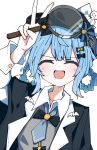  1girl ^_^ absurdres bird_hat_ornament black_bow black_bowtie black_capelet black_hat blue_hair blue_necktie bow bowtie braid braided_hair_rings capelet closed_eyes collared_shirt commentary deerstalker facing_viewer grey_vest hair_bow hair_rings hat hat_bow highres holding holding_magnifying_glass kei_(k_eii0) long_sleeves magnifying_glass mahou_shoujo_no_majo_saiban necktie shirt short_hair simple_background solo tachibana_sherry upper_body v vest white_background white_shirt 