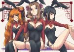  3girls 793_(oo793oo) :o animal_ears black_hair blue_eyes blush breasts brown_hair chinese_clothes cigarette cleavage closed_mouth commentary_request cowboy_shot fake_animal_ears frown ishmael_(project_moon) large_breasts limbus_company liu_association_south_(identity)_(project_moon) liu_association_south_uniform long_hair multiple_girls necktie orange_eyes orange_hair playboy_bunny project_moon rabbit_ears red_eyes red_necktie rodion_(project_moon) ryoshu_(project_moon) short_hair sitting small_breasts smoking 