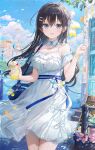  1girl bag bare_shoulders black_hair blue_bag blue_eyes blue_sky breasts cleavage cloud cloudy_sky commentary_request cup detached_collar detached_sleeves dress drinking_straw floating_hair flower fuumi_(radial_engine) hair_between_eyes hair_ornament hairclip highres holding holding_cup light_blush long_hair looking_at_viewer original outdoors parted_lips short_sleeves shoulder_bag sky smile solo standing white_dress 