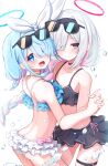  2girls :d arona_(blue_archive) baram bikini black-framed_eyewear black_bikini black_eyes blue_archive blue_bikini blue_eyes blue_hair blue_halo blush closed_mouth commentary_request frilled_bikini frills halo looking_at_viewer multicolored_hair multiple_girls open_mouth pink_hair pink_halo plana_(blue_archive) simple_background smile sunglasses swimsuit thigh_strap thighs two-tone_hair white_background white_hair 