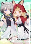  2girls :d ahoge animal_ear_fluff animal_ears arknights arknights:_endfield black_gloves black_shorts blonde_hair blue_eyes brown_eyes cape claw_pose comiket_108 commentary_request cover cover_page dress ears_through_headwear eyepatch fingerless_gloves gloves grey_hair hood hood_up hooded_cape long_hair multiple_girls puffy_short_sleeves puffy_sleeves red_cape rossi_(arknights) short_sleeves shorts shorts_under_dress smile tail tangtang_(arknights) toufu_mentaru_zabuton white_dress wolf_ears wolf_girl wolf_tail 