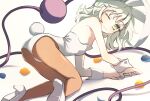  1girl alternate_costume ass blush brown_pantyhose bunny_day closed_mouth commentary_request dise_(psychoro) disembodied_linked_eye eyeball green_eyes green_hair high_heels highres komeiji_koishi leotard long_hair looking_at_viewer one_eye_closed pantyhose playboy_bunny shoes smile solo strapless strapless_leotard touhou white_leotard white_shoes white_wrist_cuffs wrist_cuffs 