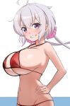  1girl absurdres ahoge armpit_crease bare_arms bare_shoulders bikini breasts cleavage commentary double-parted_bangs floating_hair from_side full_cleavage grin hair_between_eyes hair_ornament hair_scrunchie hair_tuft hand_on_own_hip highres kuru_t918 light_blush long_hair looking_at_viewer micro_bikini navel pink_scrunchie purple_eyes red_bikini scrunchie senki_zesshou_symphogear sideboob sidelocks smile solo stomach swimsuit turning_head twintails twitter_username two-tone_background underboob upper_body v-shaped_eyebrows watermark white_background white_hair yukine_chris 