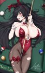  1girl 8-ball animal_ear_hairband animal_ears azur_lane ball billiard_ball billiard_table billiards black_hair bow bowtie breasts cleavage commentary cue_stick esto_0079 fake_animal_ears full_cleavage hair_spread_out hairband highres holding holding_cue_stick huge_breasts laddered_pantyhose leotard long_hair official_alternate_costume on_table pantyhose playboy_bunny plunging_neckline rabbit_ear_hairband rabbit_ears red_bow red_bowtie red_eyes red_hairband red_leotard strapless strapless_leotard table taihou_(azur_lane) taihou_(fun_on_the_baize)_(azur_lane) thigh_bow torn_clothes torn_pantyhose undersized_breast_cup untranslatable_commentary very_long_hair white_wrist_cuffs wrist_cuffs 
