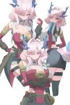  1girl absurdres arknights arknights:_endfield bare_shoulders black_skirt black_thighhighs blue_eyes blue_horns blush breasts cleavage clenched_hand closed_mouth commentary crossed_arms fingerless_gloves gloves hair_intakes hair_over_one_eye hand_on_own_hip hand_up highres horns large_breasts medium_hair mi_fu_(arknights) mole mole_on_breast mole_under_eye multiple_moles multiple_views one_eye_covered parted_lips pink_eyes pink_hair pointy_ears red_gloves simple_background skirt tail thigh_strap thighhighs white_background zo_(nphm3333) 