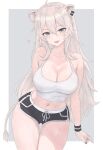  1girl :d ahoge animal_ear_piercing animal_ears arabiki50 black_shorts breasts cleavage commentary_request crop_top dolphin_shorts double-parted_bangs grey_background grey_eyes grey_hair hair_between_eyes highres hololive large_breasts lion_ears lion_girl lion_tail long_hair looking_at_viewer midriff navel open_mouth parallel_piercings shishiro_botan short_shorts shorts sidelocks simple_background smile solo tail tank_top very_long_hair virtual_youtuber white_tank_top 