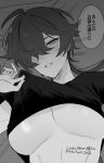  absurdres black_hair black_shirt breasts commentary_request earrings genderswap genderswap_(mtf) genderswap_on_non-genderswap greyscale highres jewelry lighter_(zenless_zone_zero) monochrome shirt simple_background tabibitowayo zenless_zone_zero 