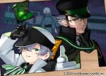  2boys age_comparison ascot black_cape black_gloves black_hat black_jacket black_necktie black_shirt cape child chinstrap clock_over_orquesta closed_mouth collared_shirt commentary_request copyright_notice dual_persona furumi_showichi glasses gloves green_eyes grey_hair hair_between_eyes hand_up harumi_kazuto hat high_collar jacket locomotive long_sleeves looking_at_viewer male_focus mature_male multiple_boys multiple_views necktie offering_hand official_art old old_man origami over-rim_eyewear paper_crane parted_lips peaked_cap photo_(object) railroad_tracks revealing_layer semi-rimless_eyewear shirt short_hair sky smile space_train star_(sky) starry_sky striped_ascot train_conductor two-tone_hat upper_body vertical-striped_ascot white_ascot white_gloves white_hat white_jacket white_shirt wrinkled_skin 