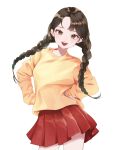  1girl bad_id bad_twitter_id blush braid braided_twintails brown_hair commentary_request eyelashes gfriend green_streaks hands_on_own_hips highres korean_commentary looking_at_viewer multicolored_hair open_mouth red_skirt rin_yes2 simple_background skirt smile solo streaked_hair sweater teeth upper_teeth_only white_background yellow_sweater yerin_(gfriend) 