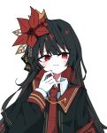  1girl absurdres armband black_capelet black_hair black_shirt capelet closed_mouth collared_shirt commentary_request cropped crown flower gloves hair_flower hair_ornament highres kei_(k_eii0) long_hair long_sleeves mahou_shoujo_no_majo_saiban mini_crown necktie nikaido_hiro plaid_clothes plaid_necktie red_armband red_eyes red_flower red_necktie shirt side_capelet simple_background solo upper_body white_background white_gloves white_shirt 