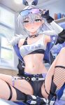  1girl absurdres arm_up black_boots black_gloves black_jacket black_shorts black_sports_bra blush boots breasts commentary_request crop_top cropped_jacket crossed_bangs eyewear_on_head fingerless_gloves fishnet_socks fishnets gloves green_eyes grey_hair hair_between_eyes highres honkai:_star_rail honkai_(series) indoors jacket kneehighs lilith_bread long_hair looking_at_viewer medium_breasts navel open_clothes open_jacket open_mouth ponytail short_shorts shorts silver_wolf_(honkai:_star_rail) single_kneehigh single_sock sitting socks solo sports_bra spread_legs stomach thigh_strap 