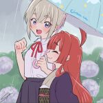  2girls :3 :d ^_^ ahoge artist_name black_skirt blonde_hair blunt_bangs clenched_hand closed_eyes commentary crossed_bangs flower from_side hair_between_eyes hydrangea japanese_clothes kimi_no_koto_ga_dai_dai_dai_dai_daisuki_na_100-nin_no_kanojo kimono light_blush long_hair multiple_girls neck_ribbon obi ohananomitsu_high_school_uniform open_mouth pleated_skirt profile purple_eyes rain red_hair red_ribbon ribbon sash school_uniform shirt short_hair signature skirt smile sutou_iku syuuka617 teeth umbrella upper_teeth_only white_shirt yakuzen_yaku 