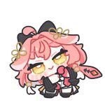  1girl :> ahoge black_bow black_jacket blush_stickers bow braid changli_(wuthering_waves) chibi chibi_only closed_mouth colored_extremities commentary_request dress feather_hair full_body hair_bow hair_intakes hair_ornament jacket looking_at_viewer multicolored_hair outline pink_hair red_hands simple_background smile solo standing syurikenmaru twin_braids two-tone_hair white_background white_dress white_hair white_outline wuthering_waves yellow_eyes 