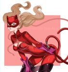  1girl absurdres blonde_hair bodysuit breasts cat_mask catsuit highres holding holding_whip mask nearreya pantyhose persona persona_5 persona_5_the_royal red_bodysuit red_pantyhose simple_background smile solo takamaki_ann twintails whip zipper 