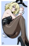  1girl absurdres alternate_costume animal_ear_hairband animal_ears ass black_bow black_bowtie black_leotard black_shoes blonde_hair blue_background blue_eyes blush bow bowtie breasts brown_pantyhose closed_mouth commentary_request fake_animal_ears girls_und_panzer hairband high_heels highres large_breasts leotard looking_at_viewer maita medium_hair oshida_(girls_und_panzer) pantyhose playboy_bunny rabbit_ear_hairband rabbit_ears rabbit_tail shoes solo strapless strapless_leotard tail thighs white_wrist_cuffs wrist_cuffs 