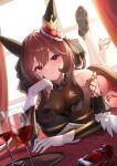  1girl absurdres alcohol animal_ears bare_shoulders blush braid braided_hair_rings breasts brown_hair commentary corset cup detached_sleeves dress drinking_glass ear_covers ear_ornament gentildonna_(regina_dei_fiori)_(umamusume) gentildonna_(umamusume) gloves hair_between_eyes hair_ornament hair_rings heart-shaped_ornament heart_ear_ornament highres horse_ears horse_girl horse_tail large_breasts long_hair looking_at_viewer parted_lips red_corset red_eyes see-through_cleavage see-through_clothes shoes smile solo sunny_(20597521) tail thighhighs umamusume white_gloves white_thighhighs wine wine_glass 