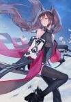  1girl angelina_(arknights) animal_ear_fluff animal_ears arknights arknights:_endfield bag bare_shoulders black_boots black_thighhighs boots brown_hair coat commentary_request dress duffel_bag floating_hair fold-over_boots fox_ears fox_girl gilberta_(arknights) grey_dress high_collar highres impossible_clothes impossible_dress long_hair looking_to_the_side off_shoulder open_clothes open_coat orange_eyes polaroid_photo red_coat shigma short_dress sitting smile solo staff_riding thighhighs twintails 