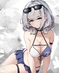  1girl bare_shoulders bikini black_bikini blush breasts cleavage closed_mouth commentary english_commentary eyewear_on_head front-tie_top green_eyes grey_hair hair_between_eyes highleg highleg_bikini highres hololive jewelry large_breasts looking_at_viewer mole mole_on_breast multicolored_bikini necklace off_shoulder official_alternate_costume shirogane_noel shirogane_noel_(summer_2020) short_hair side-tie_bikini_bottom smile solo stomach sunglasses swimsuit thigh_strap thighs two-tone_bikini umbra_heartt virtual_youtuber white_bikini 