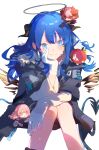  arknights black_jacket blue_eyes blue_hair chibi chinese_commentary closed_mouth commentary_request cowboy_shot demon_horns detached_wings exusiai_(apple)_(arknights) exusiai_(arknights) fiammetta_(arknights) fur-trimmed_jacket fur_trim gloves halo hand_on_own_cheek hand_on_own_face head_rest highres horns invisible_chair jacket lemuen_(arknights) long_hair long_sleeves looking_at_viewer mini_person minigirl mostima_(arknights) open_clothes open_jacket pink_eyes pink_hair red_eyes red_hair shirt short_hair simple_background sitting smile solo_focus tail traditional_halo white_background white_gloves white_shirt wings yuzi_shao_xian_cao 