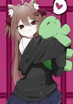  1girl ahoge animal_ear_fluff animal_ears animal_hug black_cardigan blue_skirt brown_hair cardigan cat_ears closed_eyes commentary evil_neuro-sama hair_between_eyes hair_intakes heart highres long_hair looking_at_viewer off_shoulder pleated_skirt skirt smile spoken_heart turtle two_side_up vedal987 vedal_ai virtual_youtuber white45838787 