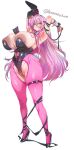  1girl absurdres animal_ears areola_slip armpits arms_up between_breasts black_leotard black_ribbon black_shoes black_wrist_cuffs blush breasts closed_mouth commentary_request envelope full_body goddess_of_victory:_nikke green_eyes hair_between_eyes hair_intakes heart heart_o-ring high_heels highres housou-kun huge_breasts large_areolae leotard long_hair looking_at_viewer mole mole_under_eye o-ring o-ring_thigh_strap pantyhose pink_hair pink_lips pink_pantyhose pink_ribbon playboy_bunny rabbit_ears rabbit_tail ribbon shoes simple_background smile solo tail thigh_strap thighs tongue tongue_out velvet_(nikke) velvet_(sensual_rabbit)_(nikke) white_background wrist_cuffs 
