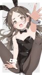  1girl @_@ absurdres animal_ear_hairband animal_ears armpits black_leotard blush bunny_day commentary_request detached_collar embarrassed fake_animal_ears flustered flying_sweatdrops gakuen_idolmaster hairband highres idolmaster kuramoto_china leotard low_neckline peanut_mouth playboy_bunny rabbit_ear_hairband rabbit_ears rabbit_tail solo strapless strapless_leotard sweat tail teeth upper_teeth_only wazcycgkyr6694 wrist_cuffs 