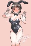  1girl absurdres animal_ear_hairband animal_ears bare_shoulders black_bow black_bowtie black_hair black_hairband black_leotard blush bow bowtie braid braided_bun breasts bunny_day collarbone commentary_request covered_navel detached_collar double_v fake_animal_ears full-face_blush furaggu_(frag_0416) grey_eyes groin hair_bun hair_ornament hairband hairclip highleg highleg_leotard highres kantai_collection large_breasts leotard myoukou_(kancolle) playboy_bunny rabbit_ear_hairband rabbit_ears short_hair solo strapless strapless_leotard thighs traditional_bowtie v white_wrist_cuffs wrist_cuffs 