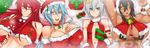  armpits bare_shoulders bell black_hair blue_eyes blue_hair bow breasts breasts_apart candy candy_cane center_opening character_request choker christmas cleavage crop_top crown dark_skin detached_sleeves earrings elbow_gloves exaxuxer fingerless_gloves food fur_collar gift glasses gloves hair_bow hat highres huge_breasts jewelry kuu-chan_(exaxuxer) long_hair looking_at_viewer lying mini_crown moose multiple_girls navel no_bra on_back original pink_eyes ponytail red_eyes red_gloves red_hair santa_costume santa_hat semi-rimless_eyewear short_hair silver_hair small_breasts smile stuffed_animal stuffed_toy under-rim_eyewear underboob wristband yellow_eyes 